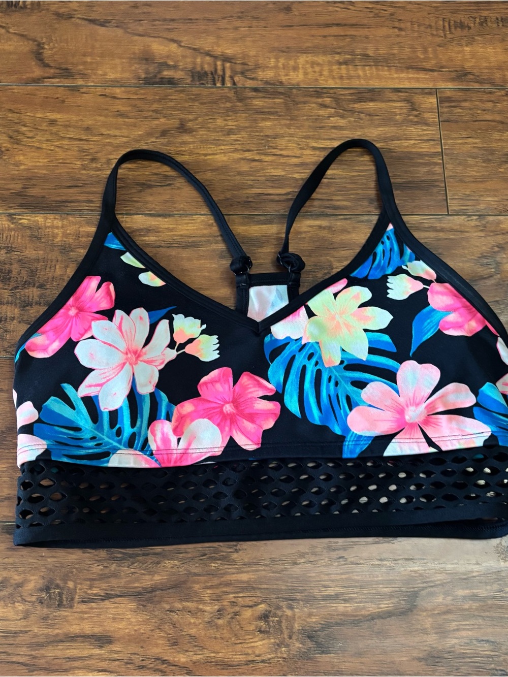 Floral Active Bralette - Black with Pink & Blue Flowers
